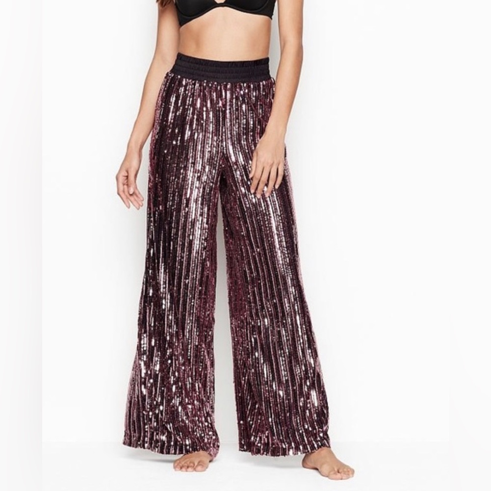 NWOT Victoria’s Secret Sparkly Pink and Black Sequin Wide Leg Pants - size Small